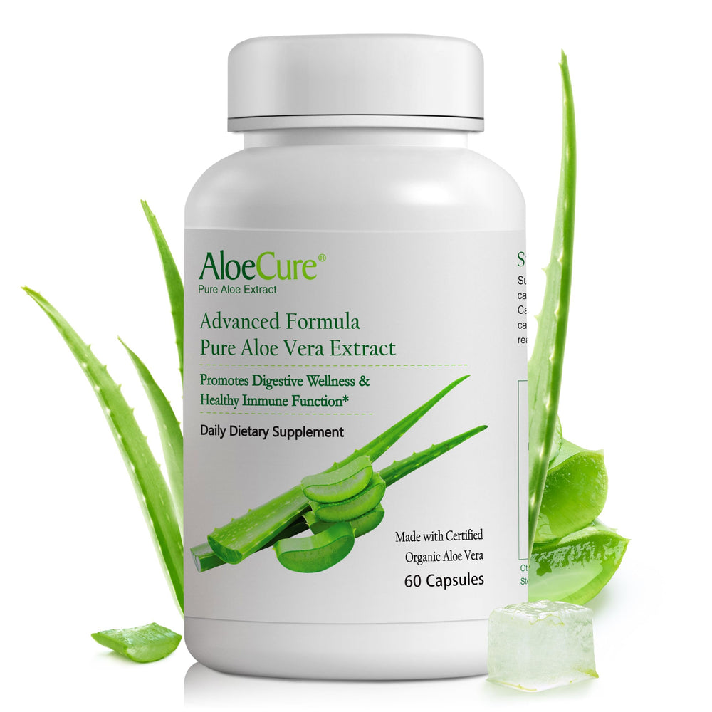 AloeCure caja frontal mostrando etiqueta y beneficios orgánicos