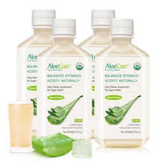 AloeCure botella frontal 500ml mostrando etiqueta orgánica y beneficio de pureza