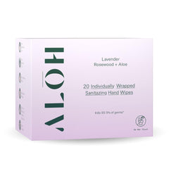 ALŌH frente del empaque mostrando toallitas individuales y aroma Lavender Rosewood, conveniente