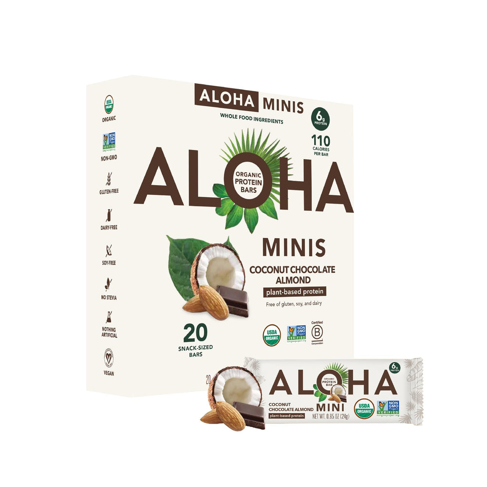 ALOHA caja frontal sabor coco chocolate almendra mostrando el empaque y beneficios
