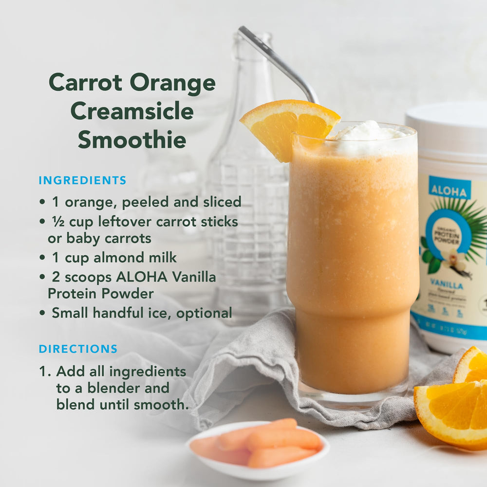 Etiqueta de ALOHA Proteína Vegetal vainilla, muestra ingredientes orgánicos.