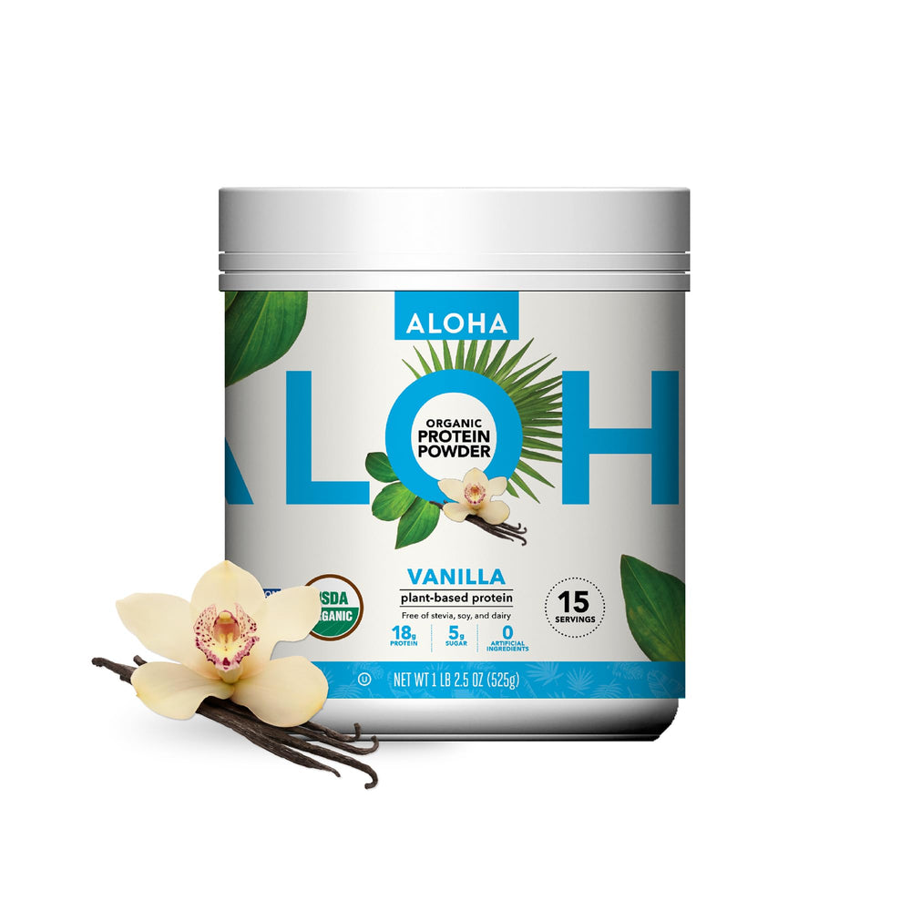 Proteína vegetal ALOHA vainilla en lata frontal, ideal para batidos.