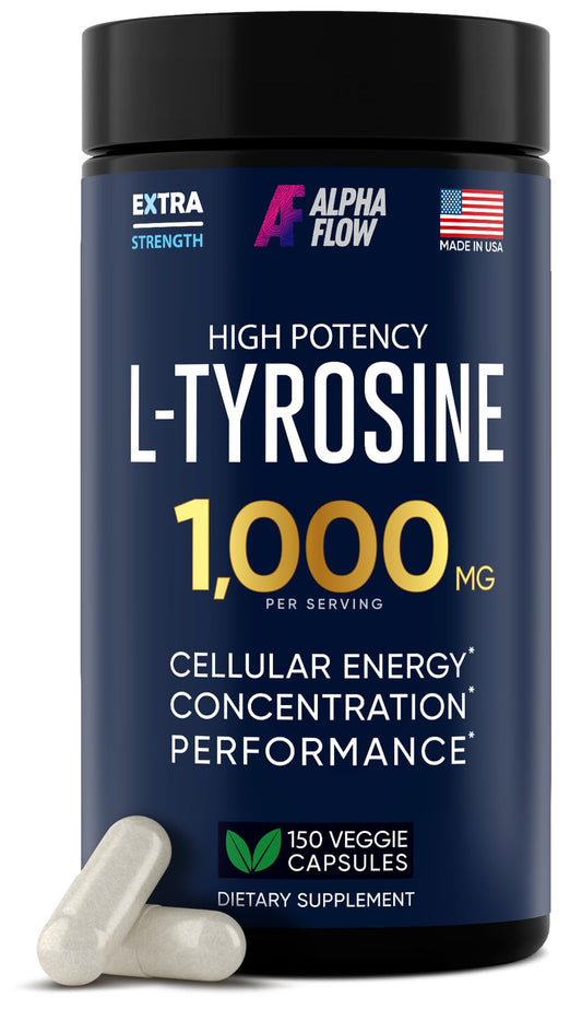 Alpha Flow L Tyrosine bottle with capsules suggesting daily focus support.