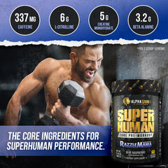 ALPHA LION bebida preparada Core Pre Workout en vaso con hielo y color atractivo