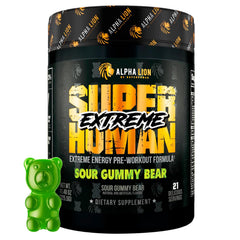 Alpha Lion envase frontal Superhuman Extreme mostrando 21 servicios y sabor