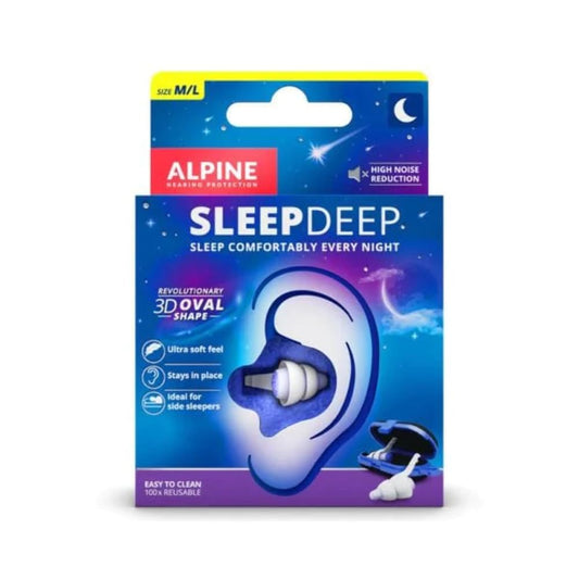 Alpine SleepDeep vista frontal del empaque mostrando diseño y tallas, cómodo al instante