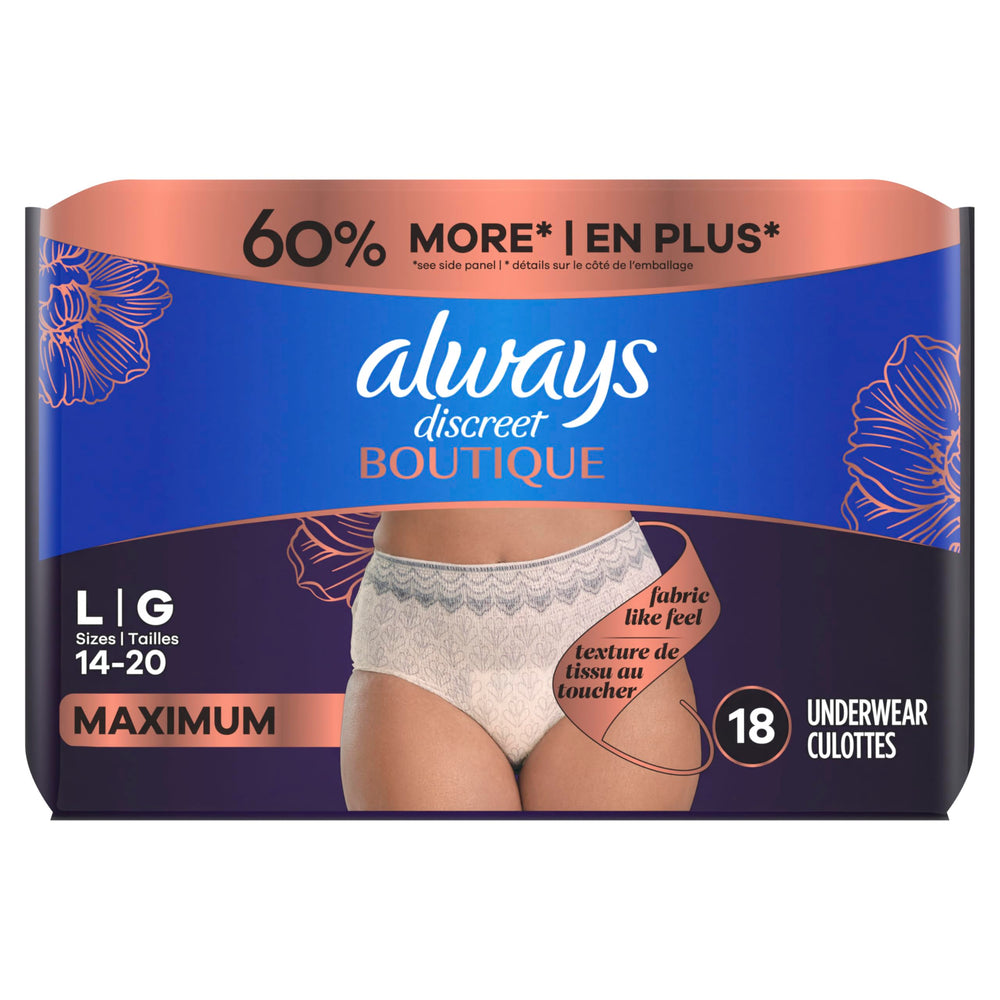Always Discreet Boutique Underwear, paquete de 18 unidades para uso continuo.