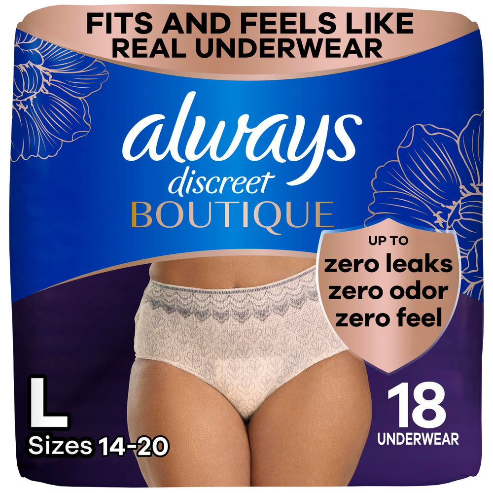 Always Discreet Boutique Underwear muestra silueta y ajuste suave para confianza diaria.