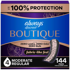 Always Discreet empaque frontal mostrando cantidad y diseño elegante