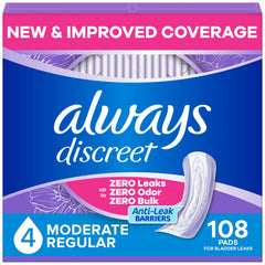 Always Discreet empaque frontal mostrando 108 unidades y protección confiable