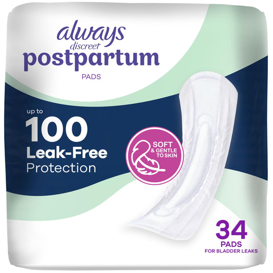 Always Discreet empaque frontal mostrando número de 34 unidades y beneficio de absorción