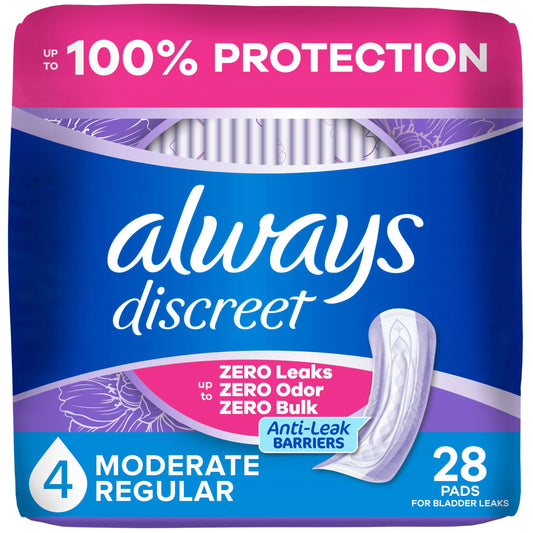 Always Discreet empaque frontal mostrando 28 unidades y beneficio discreción