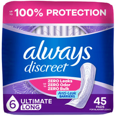 Always Discreet empaque frontal mostrando producto y cantidad para confianza