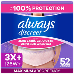 Always Discreet empaque frontal mostrando cantidad y talla, tranquilidad visible