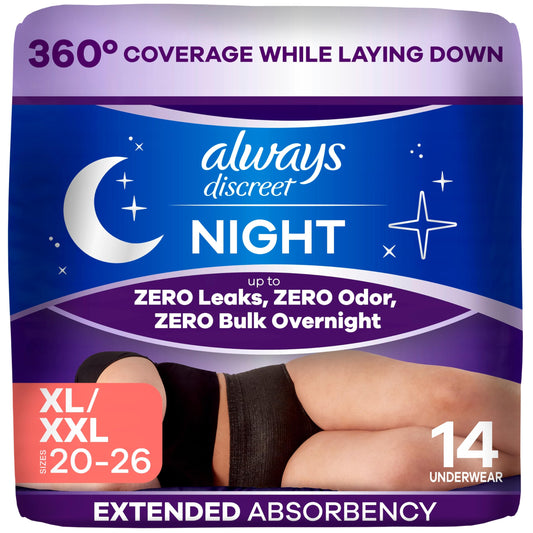 Always Discreet Night empaque frontal que muestra protección nocturna y discreción