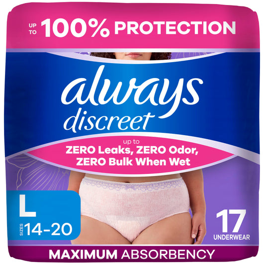 Always Discreet empaque frontal mostrando 17 unidades y protección de máxima absorción
