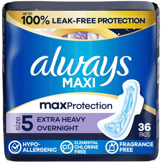 Always Maxi Overnight frontal del empaque mostrando la talla 5 y 36 unidades