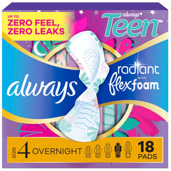 Always Radiant Teen frente del empaque mostrando 18 unidades y protección prolongada