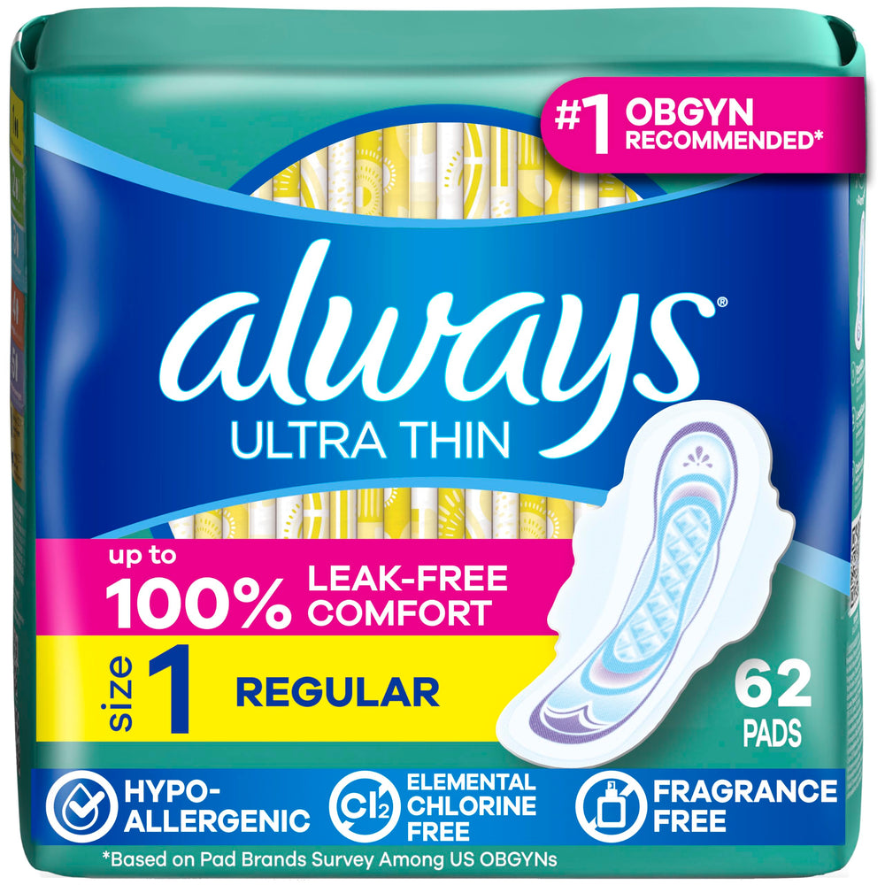 Always mostrando el frente del empaque, protección discreta y cantidad