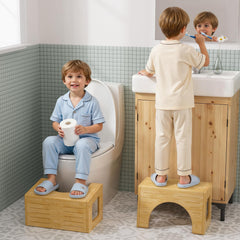 AmazerBath vista frontal del banquito de bambú, soporte seguro para niños