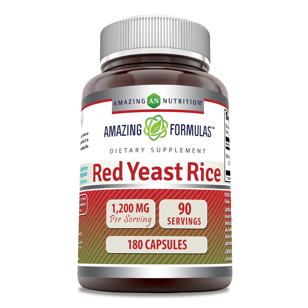 Amazing Nutrition envase frontal del suplemento Red Yeast Rice mostrando cantidad y certificaciones