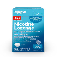 Amazon Basic Care empaque delantero mostrando 120 pastillas y beneficio portable