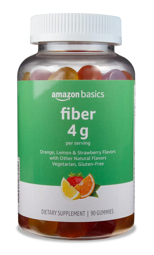 Amazon Basics frasco frontal con gomitas de fibra, presentación clara y beneficios prácticos