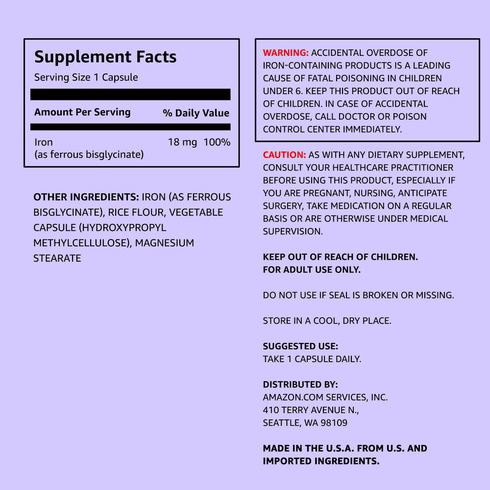 Detalle de cápsula vegetal de Amazon Elements hierro 18 mg que muestra tamaño y recubrimiento suave