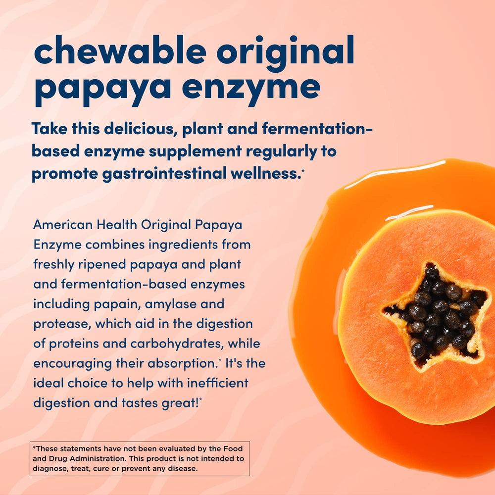 Envase original de American Health, enzimas de papaya para uso diario.