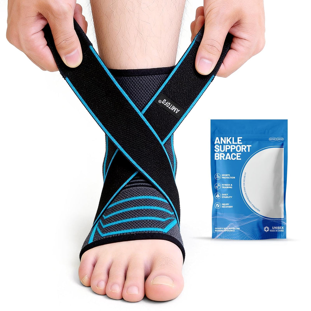 AMITOFO tobillera vista frontal mostrando ajuste y diseño, soporte estable