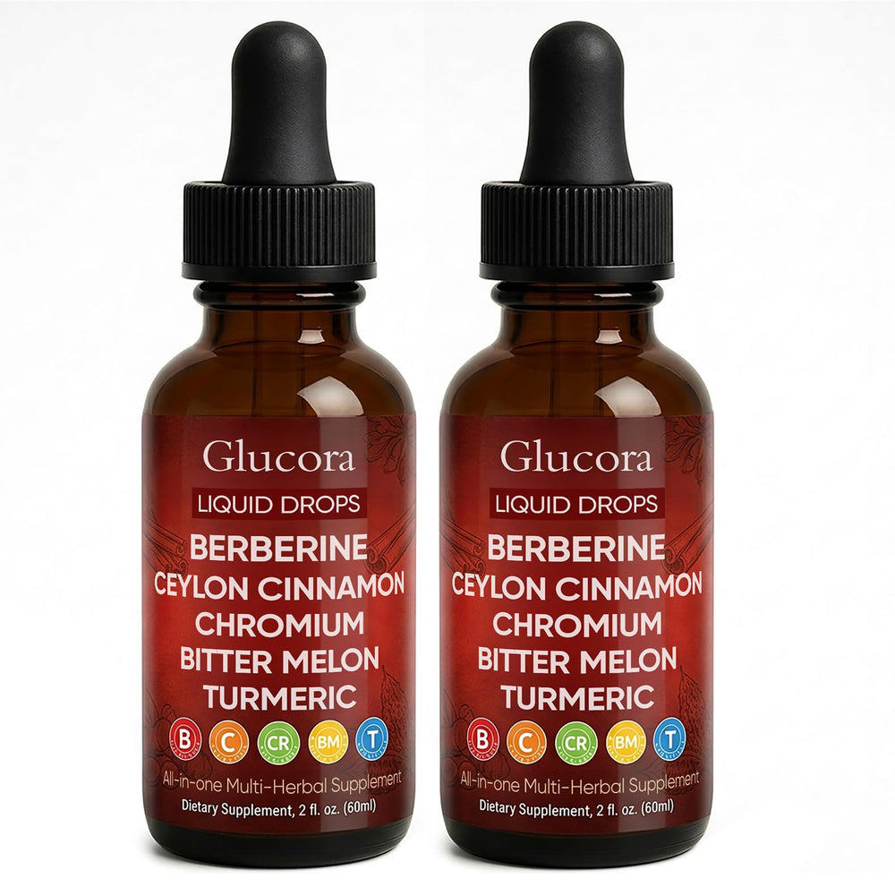 AMOQUCT Glucora frente del empaque mostrando la botella y beneficios