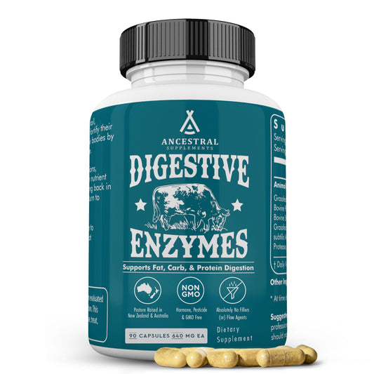 Ancestral Supplements frente del envase mostrando 90 cápsulas para digestión