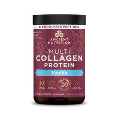 Ancient Nutrition frasco frontal mostrando etiqueta y beneficio de confianza