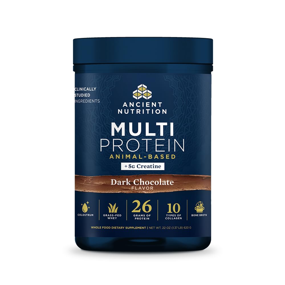 Ancient Nutrition envase frontal sabor Dark Choc mostrando aporte proteico