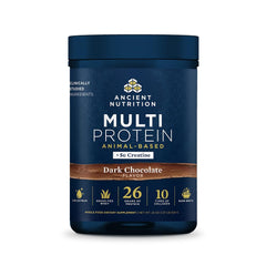 Ancient Nutrition envase frontal sabor Dark Choc mostrando aporte proteico