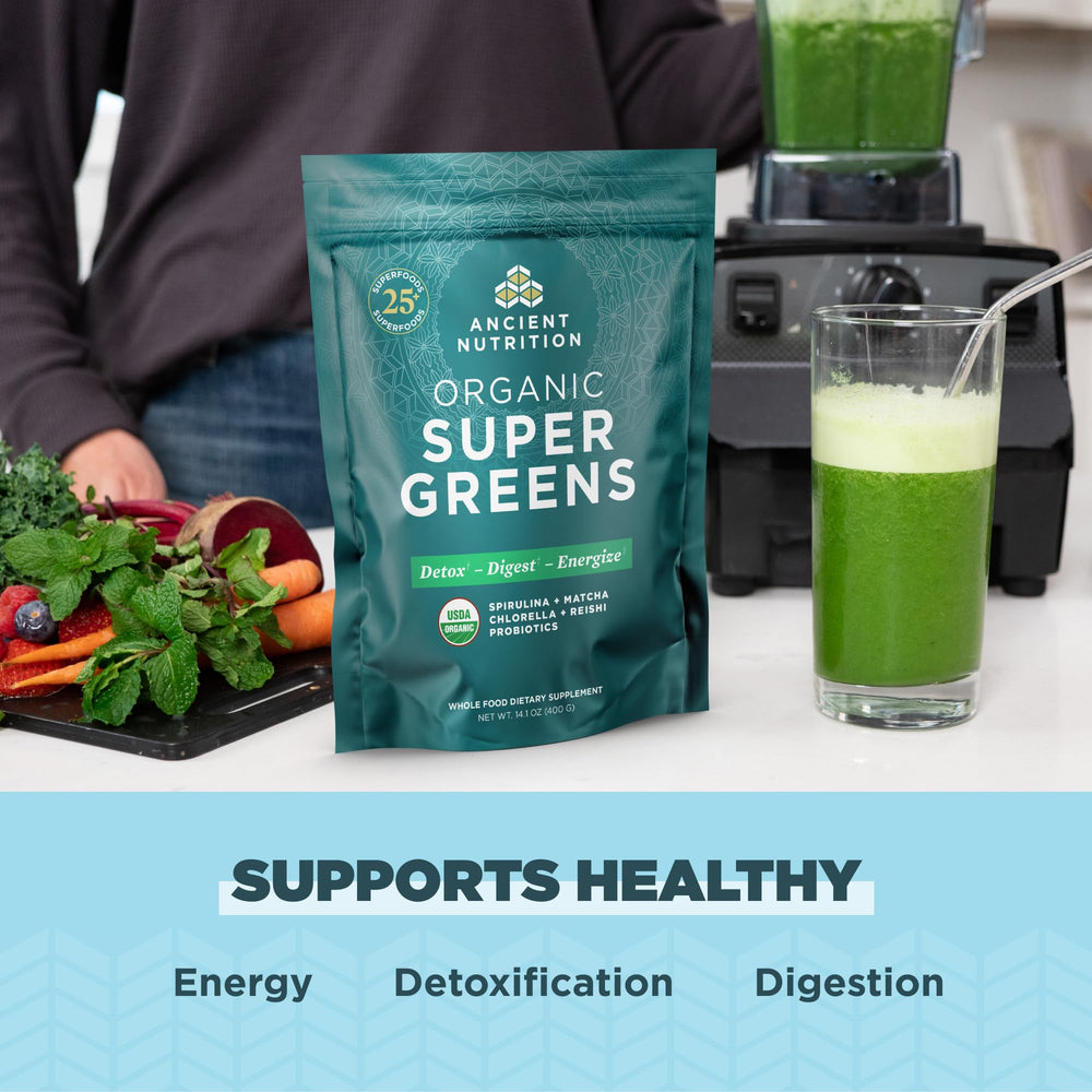 Ancient Nutrition etiqueta con ingredientes y certificaciones visibles