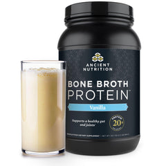 Ancient Nutrition empaque frontal mostrando sabor vainilla y beneficios