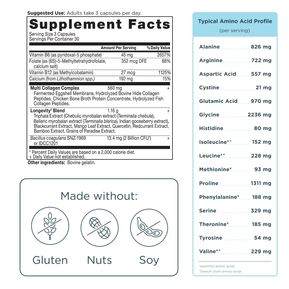 Ancient Nutrition Multi Collagen Advanced Longevity bottle closeup indicating consistent dosage