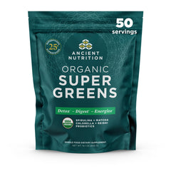 Ancient Nutrition frontal del envase mostrando sello orgánico y beneficios