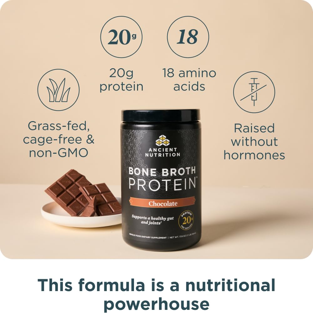 Ancient Nutrition polvo textura cercana, fácil disolución y mezcla