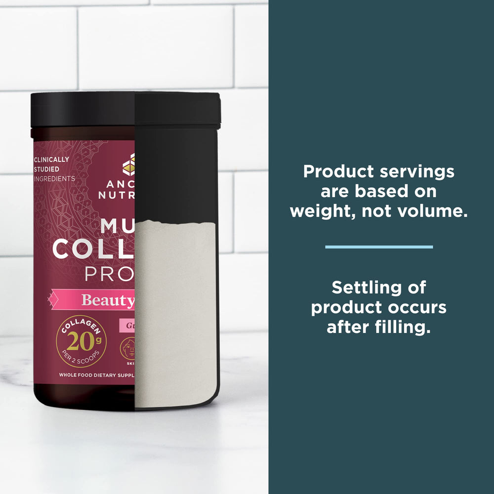 Ancient Nutrition batido de frutas con polvo ilustrando uso en smoothies nutritivos
