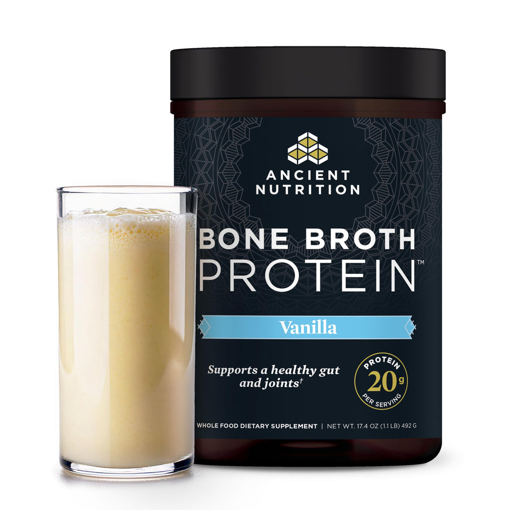 Ancient Nutrition envase frontal vainilla mostrando marca y beneficio proteico
