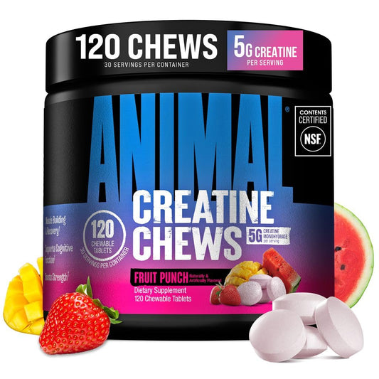 Animal creatine chews envase frontal mostrando portátil y dosificación