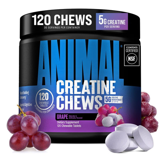 Animal creatine chews envase frontal mostrando diseño y cantidad
