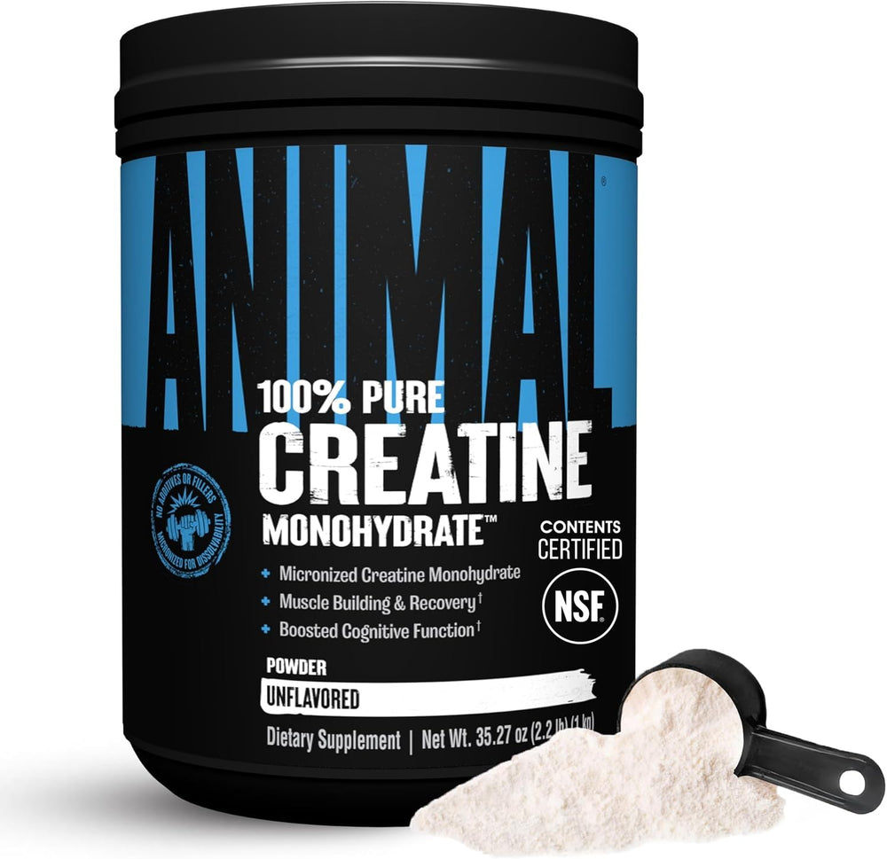 Animal creatine envase frontal mostrando tamaño y diseño, confianza y pureza