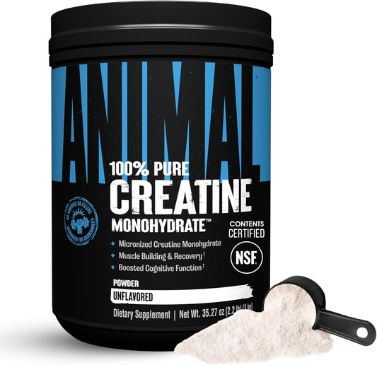 Animal creatine envase frontal mostrando tamaño y diseño, confianza y pureza
