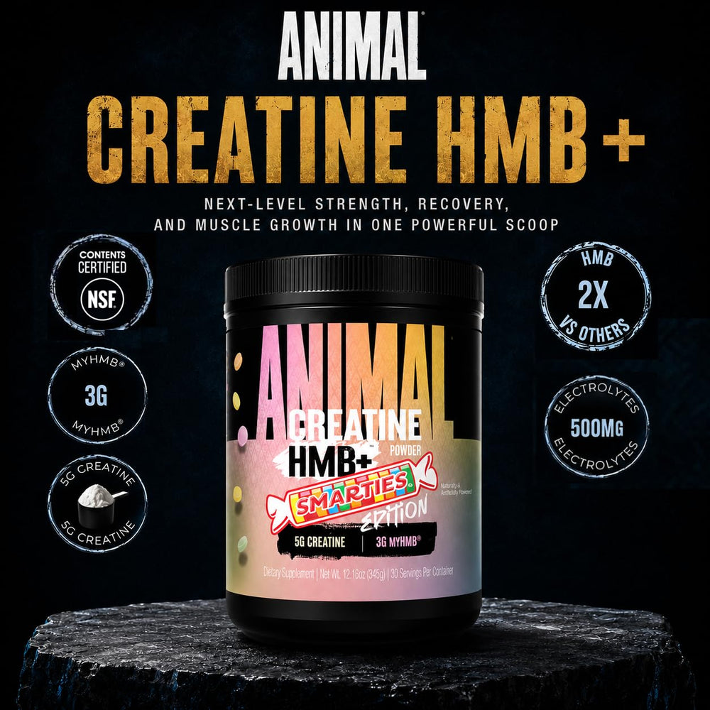 Detalle del polvo Animal Creatine HMB Smarties para mezclar fácilmente