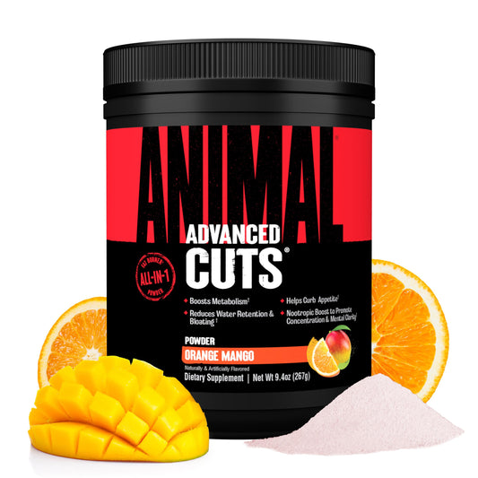 Animal Cuts frontal del envase mostrando etiqueta y sabor naranja mango, beneficio claridad de uso