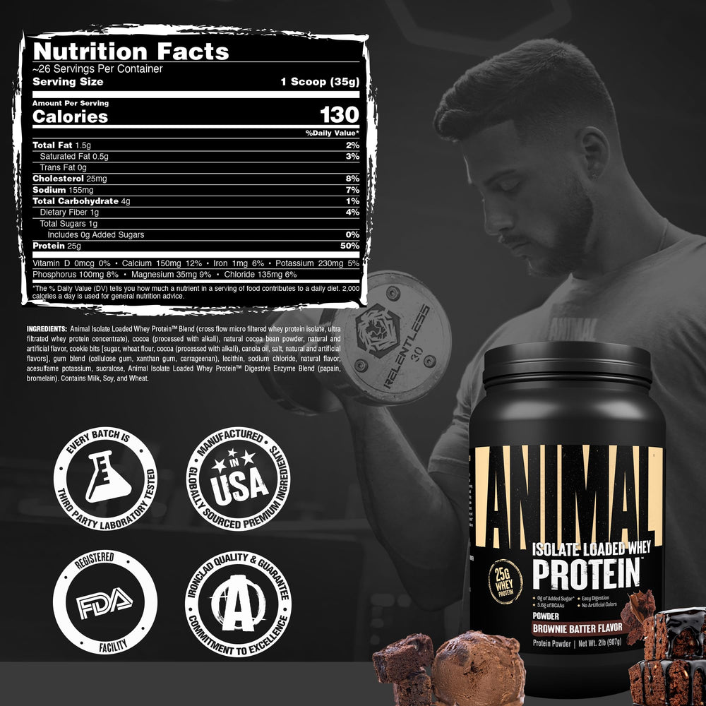 Animal Whey Isolate comparación de tamaño 2 lb en mano, valor y cantidad