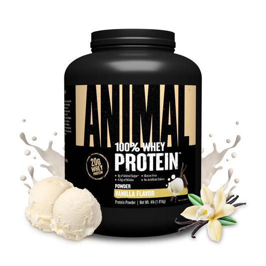Animal envase frontal de 100% Whey vainilla mostrando diseño y tamaño